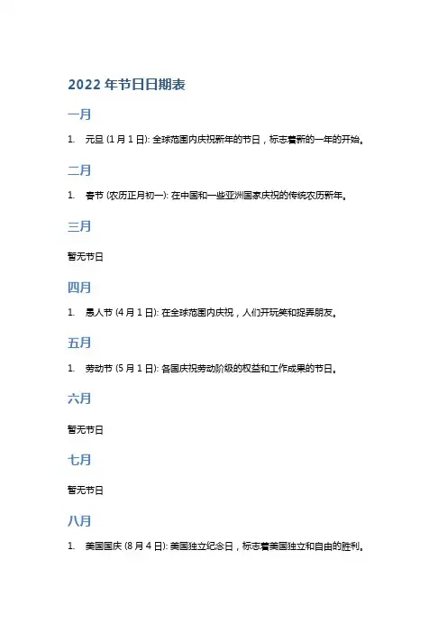 2022年节日日期表