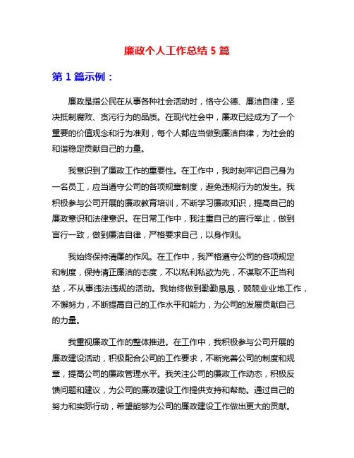 廉政个人工作总结5篇