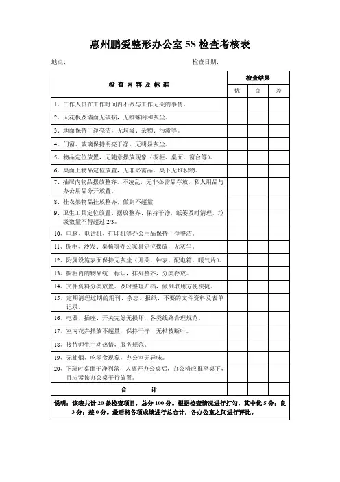 惠州鹏爱整形办公室5S检查考核表