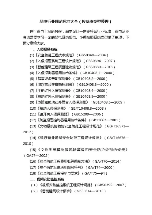 弱电行业规范标准大全（按系统类型整理）