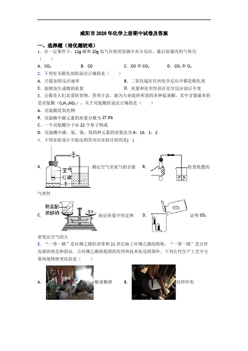 咸阳市2020年初三化学上册期中试卷及答案
