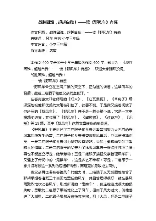 战胜困难，超越自我！——读《野风车》有感