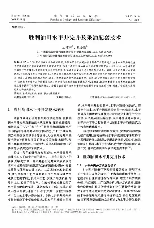 胜利油田水平井完井及采油配套技术