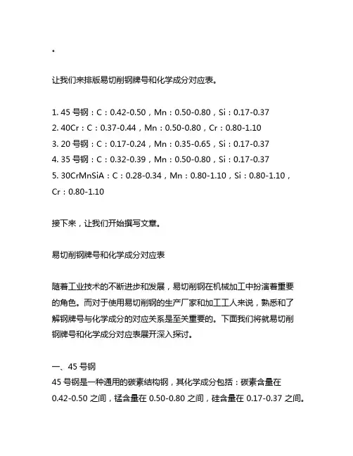 易切削钢牌号和化学成分对应表