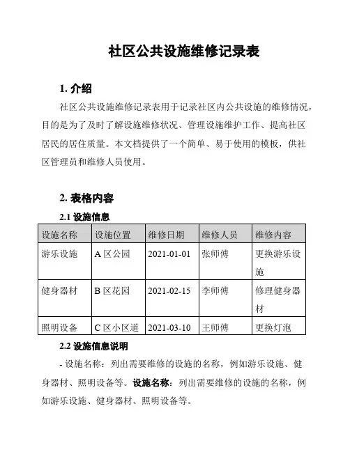 社区公共设施维修记录表