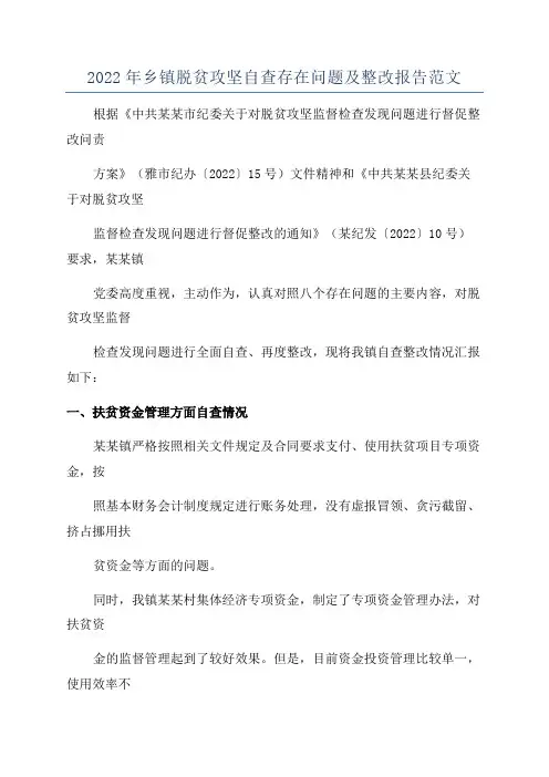 2022年乡镇脱贫攻坚自查存在问题及整改报告范文