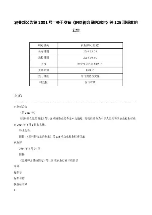 农业部公告第2081号――关于发布《肥料钾含量的测定》等125项标准的公告-农业部公告第2081号