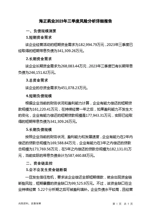 600267海正药业2023年三季度财务风险分析详细报告