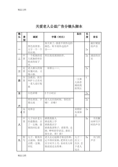 关爱老人公益广告分镜头脚本教学提纲