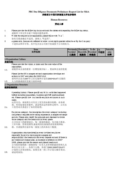培训专题-超级经典-人力资源尽职调查清单Due-Diligence-HR-中英文