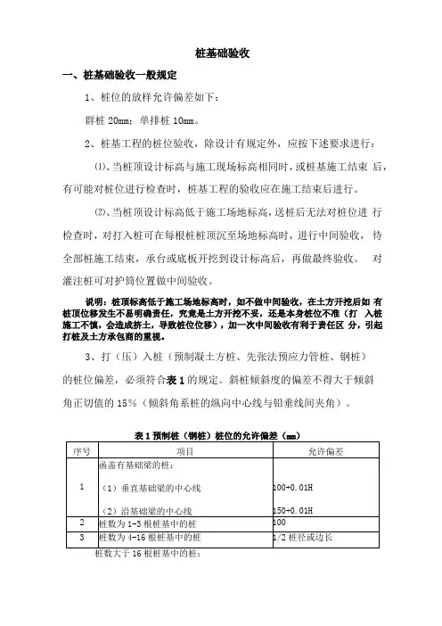 桩基础验收桩基础验收一般规定1桩位的放样允许偏差如下群