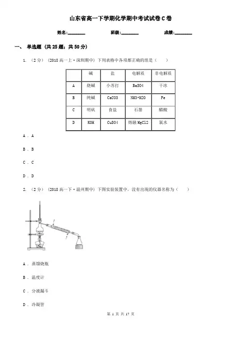 山东省高一下学期化学期中考试试卷C卷