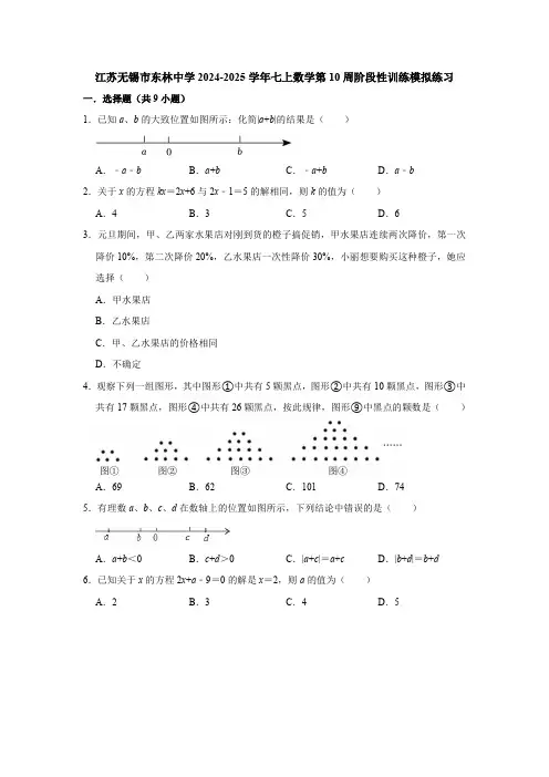 江苏无锡市东林中学2024-2025学年七上数学第10周阶段性训练模拟练习【含答案】