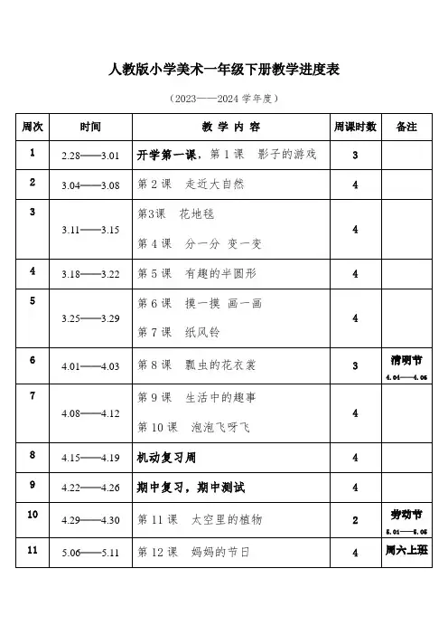 2024年春学期人教版小学美术一年级下册教学进度表