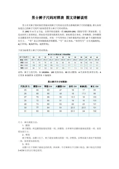 男士裤子尺码对照表 图文详解说明