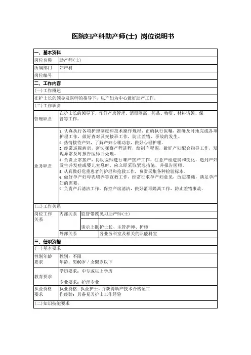 医院妇产科助产师(士) 岗位说明书
