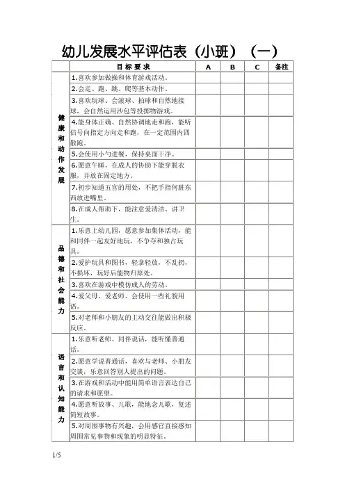 幼儿发展水平评估表(小班)