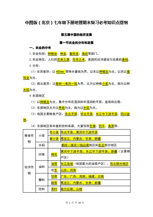 中图版(北京)七年级下册地理期末复习必考知识点提纲