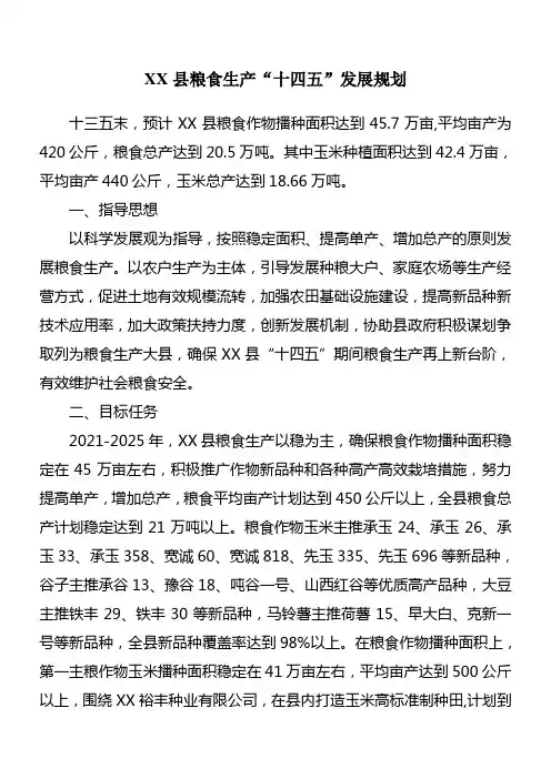 XX县粮食生产“十四五”发展规划