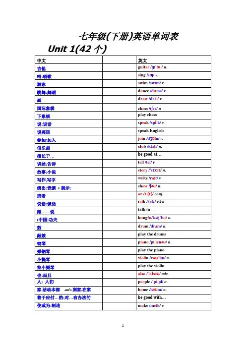初中一年级下册英语单词汇总