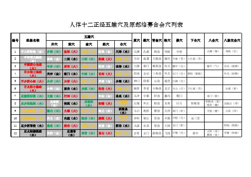 人体十二正经五腧穴及原郄络募合会穴列表