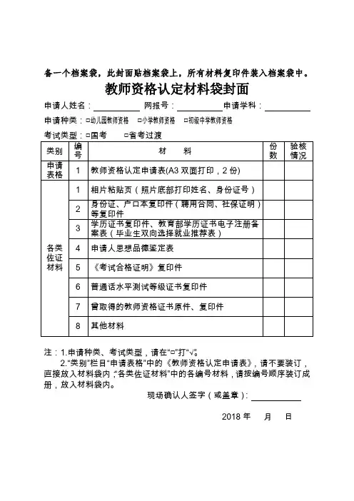 备一个档案袋,此封面贴档案袋上,所有材料复印件装入档案