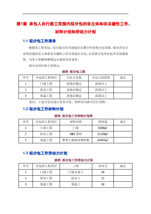 承包人自行施工范围内拟分包的非主体和非关键性工作、材料计划和劳动力计划