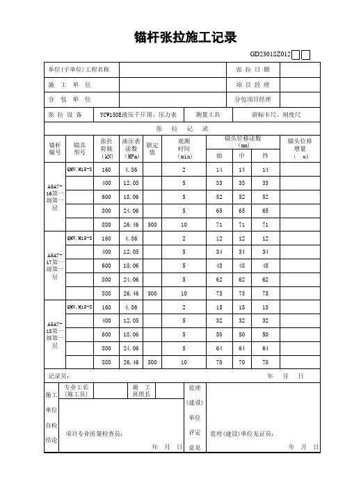 锚杆张拉施工记录表格范例