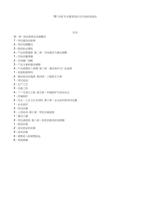 年产10万吨水煤浆项目可行性研究报告