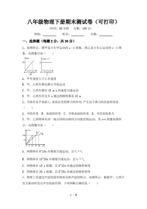 八年级物理下册期末测试卷(可打印)