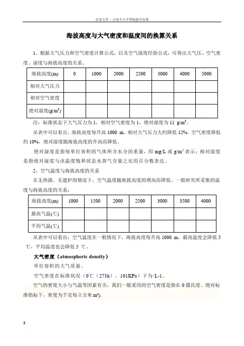 海拔与大气密度和温度间的换算关系