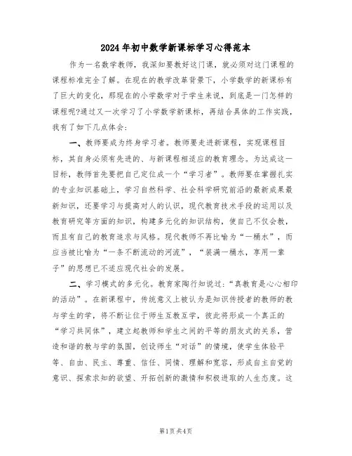 2024年初中数学新课标学习心得范本(2篇)
