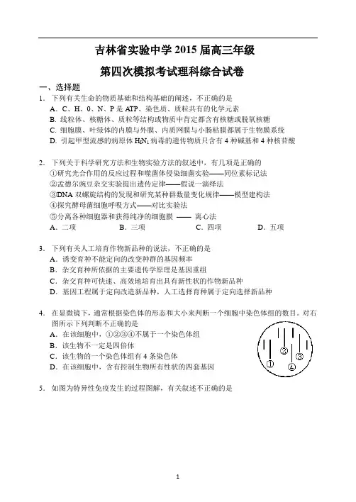 吉林省实验中学2015届高三上学期第五次模拟考试理科综合试题 Word版含答案