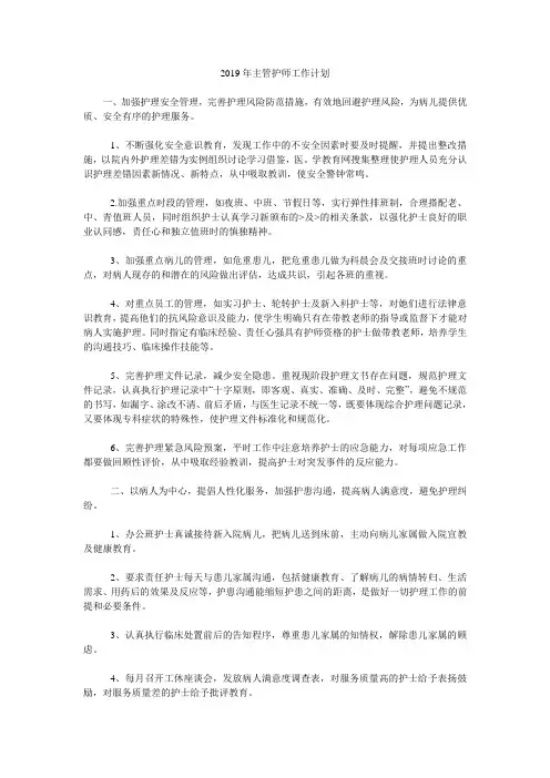 2019年主管护师工作计划