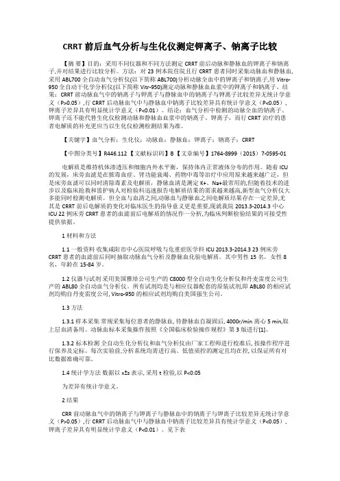 CRRT 前后血气分析与生化仪测定钾离子、钠离子比较