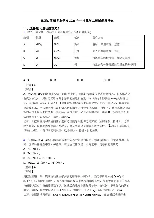 深圳市罗湖育龙学校2020年中考化学二模试题及答案