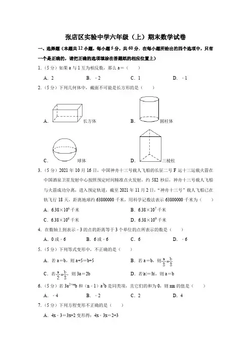 山东省淄博市张店区实验中学2022-2023学年六年级上学期(五四制)期末考试数学试题