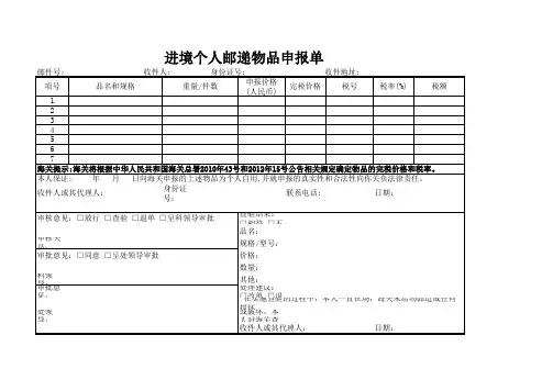 进境个人邮递物品申报单