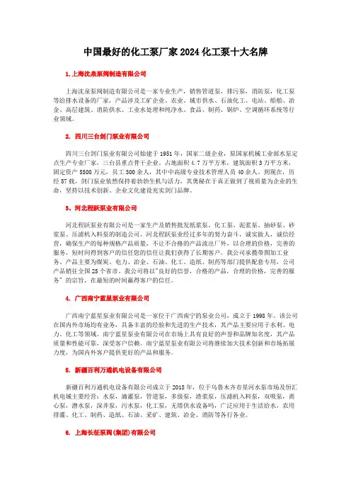 中国最好的化工泵厂家2024化工泵十大名牌