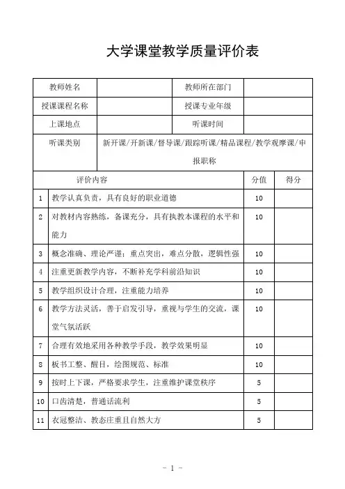 大学课堂教学质量评价表