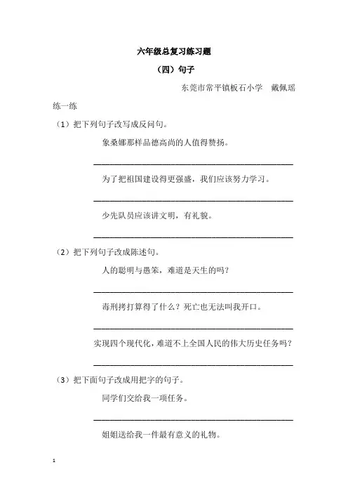 人教版六年级下册语文句子总复习练习试题