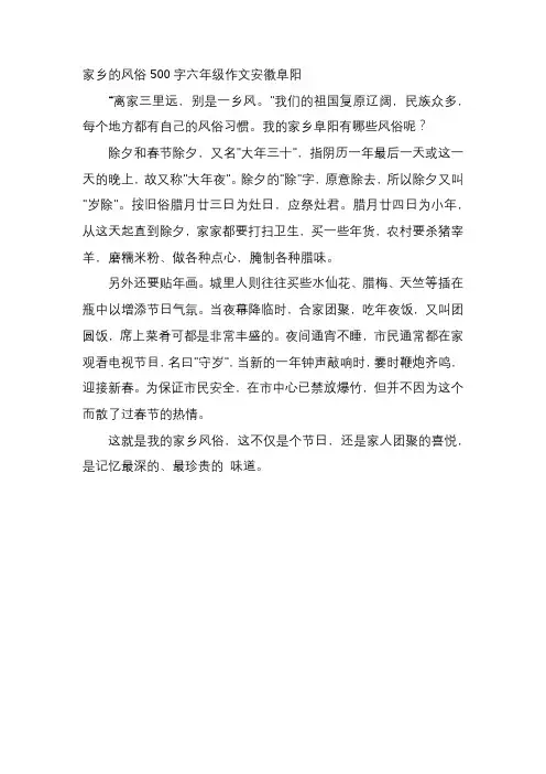 家乡的风俗500字六年级作文安徽阜阳