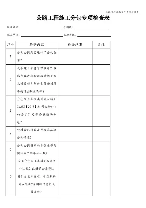 公路工程施工分包专项检查表