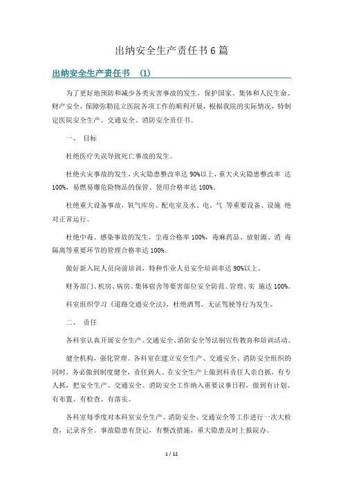 出纳安全生产责任书6篇