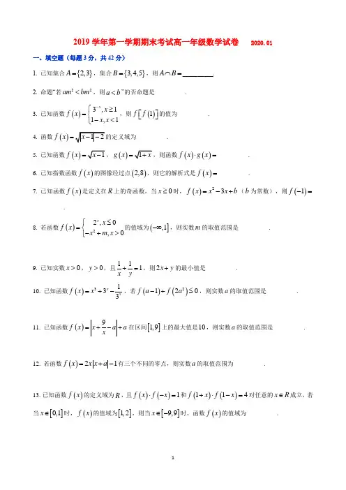上海市上外附中2019-2020学年度高一数学第一学期期末考试(word无答案)