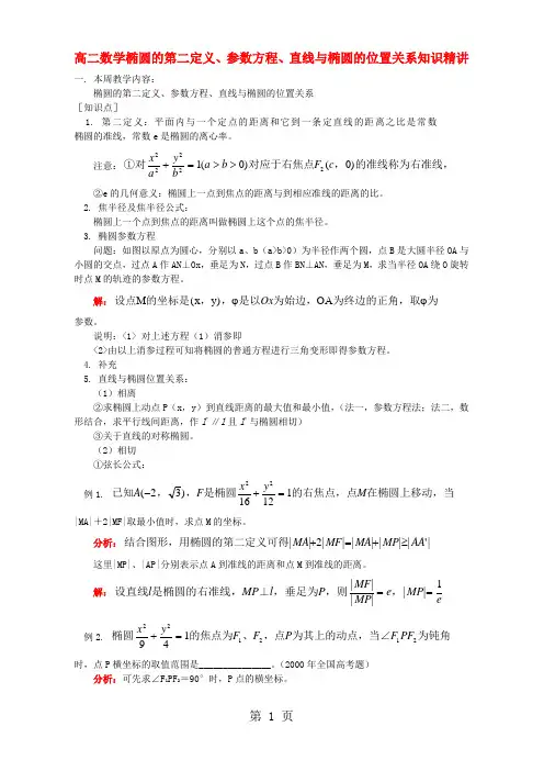 椭圆的第二定义、参数方程、直线与椭圆的位置关系知识精讲word资料6页