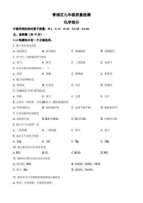 2022年上海市青浦区中考一模化学试卷含详解