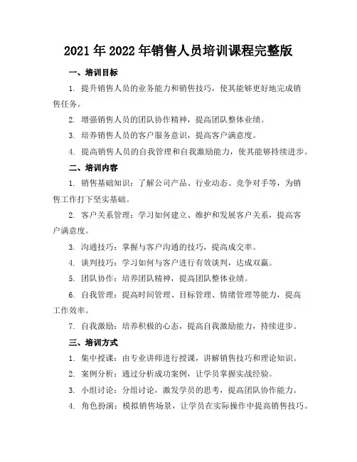 2021年-2022年销售人员培训课程完整版