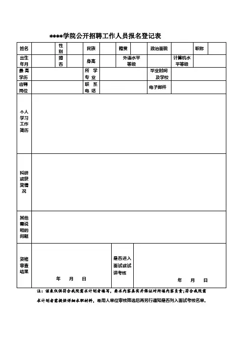 广西民族师范学院公开招聘工作人员报名登记表【模板】