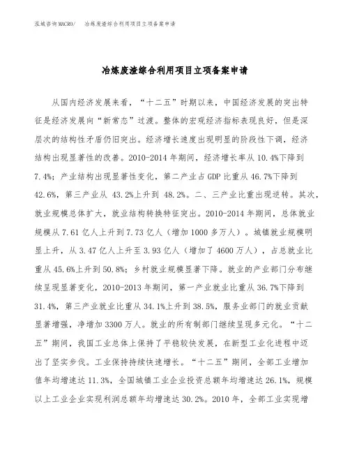冶炼废渣综合利用项目立项备案申请(参考模板)